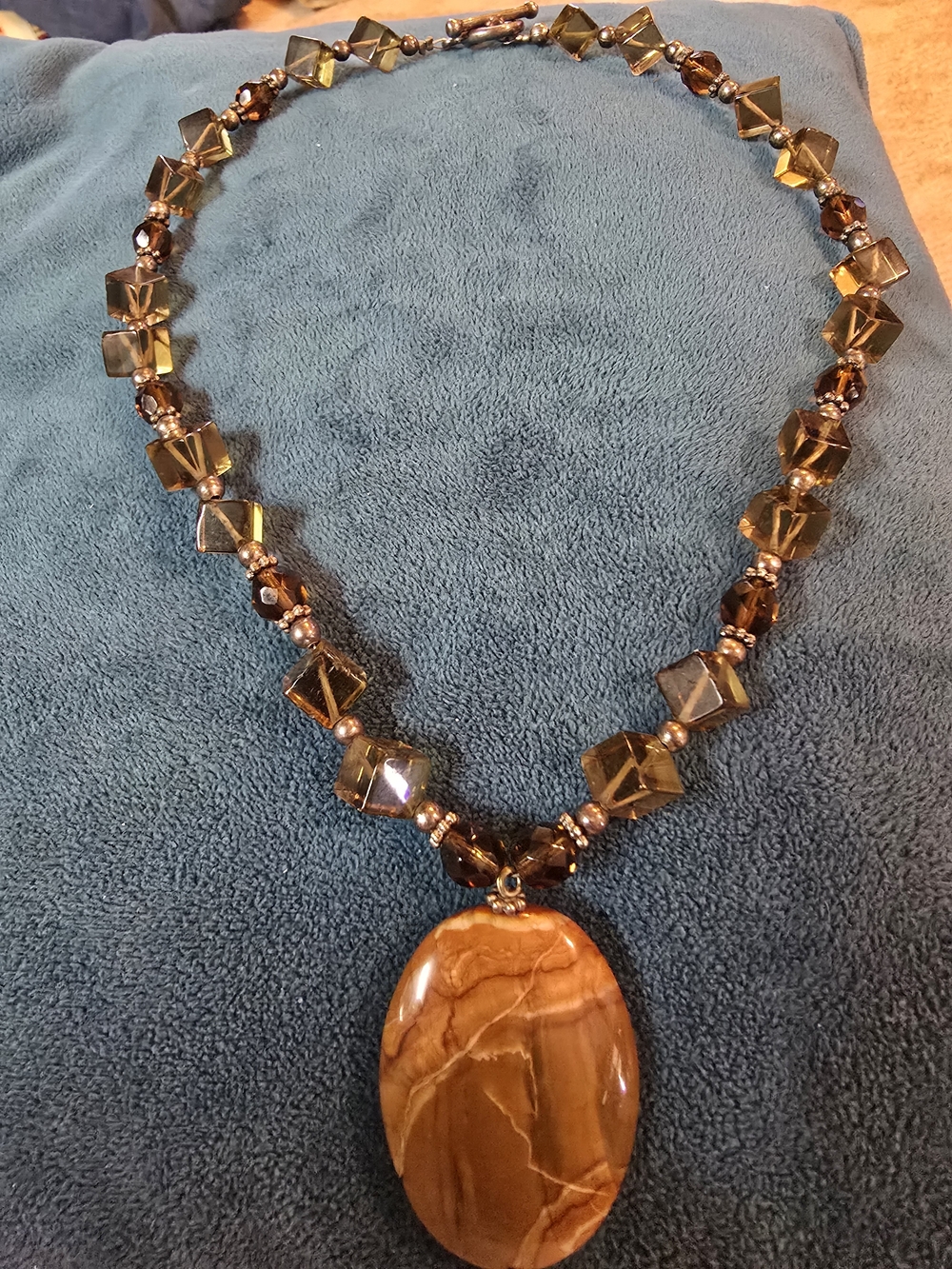 Brown Agate Pendant 1.75" Necklace 16" Total with Faceted Beads